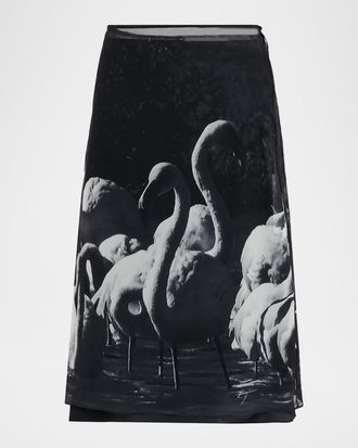 Ferragamo Flamingo-Print Silk Midi Skirt