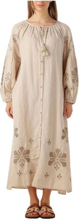 Summum Kleedjes, Dames, Beige, M, Denim, Beige Maxi Jurk met Zware Borduursels