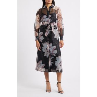 Anne Klein Floral Print Long Sleeve Organza Midi Shirtdress in Black Multi/Black at Nordstrom, Size 12