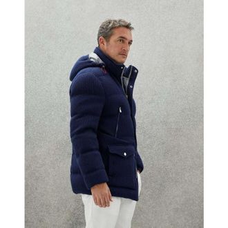 Brunello Cucinelli Mens Dark Blue Wool Padded Hooded Jacket, Size 52