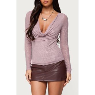 Edikted Marena Rhinestone Cowl Neck Mesh Top in Mauve at Nordstrom, Size X-Small