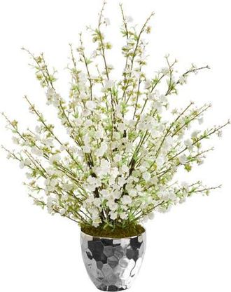 Nearly Natural 29-in Cherry Blossom Artificial Arrangement in Silver Bowl in White at Nordstrom