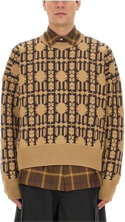 Palm Angels Katoenen Jacquard Truien Trui - Heren - Ronde hals truien - Beige - L - Katoen - Truien & Vesten