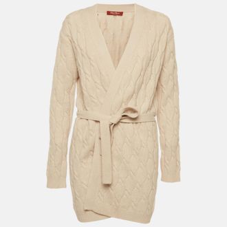Max Mara Beige Cable Knit Belted Cardigan
