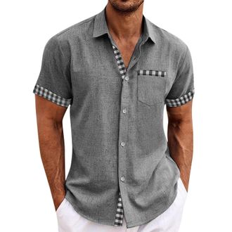 Generic Mens Short Sleeve Shirt Stretch Stain Shield Plain Shirts Regular Fit Business Blouse Casual Smart Button Down T-Shirt,Grey,4XL