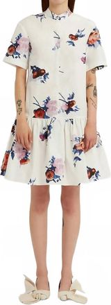 Erdem Short Sleeve Mini Dress In Painted Rose Bouquet White