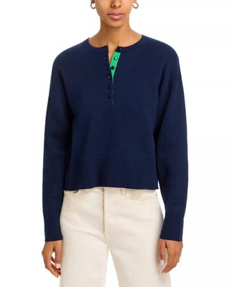 525 america Genevieve Solid Drop Shoulder Henley Sweater In Dark Blue