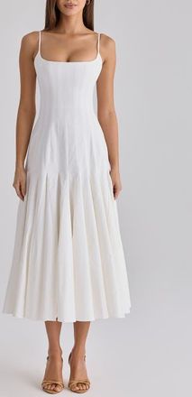 House of CB Vionne Pleated Stretch Pima Cotton Fit & Flare Cocktail Dress in White at Nordstrom, Size X-Large