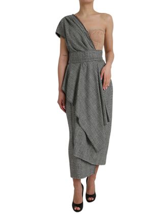 Dolce & Gabbana Gray Beige Layered One Shoulder Maxi Womens Dress