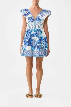 Camilla Tiered Short With Neck Frill Dress In Ceramic Garden