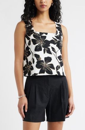 Open Edit Square Neck Sleeveless Linen Blend Top in White- Black Trop Bloom at Nordstrom, Size Xx-Small