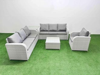 Fimous 7 Seater Poly Rattan Outdoor Garden Furniture Square Coffee Table Sofa Set Patio 3 Seater Sofa Reclining Chair 3 Seater Sofa Side Table Light