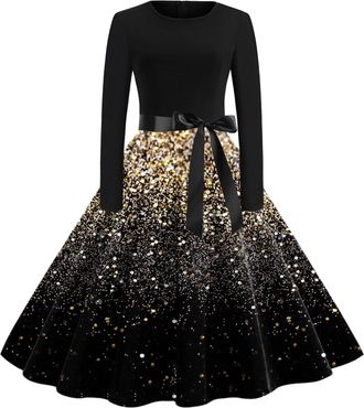 Generic Christmas Dresses for Women Long Sleeve A Line Elegant Party Dress Retro 50s Style Swing Midi Fit Flared Winter Printed Dress Heart Neck Ladies Fashio