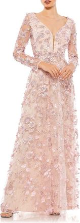 Mac Duggal Floral Applique Long Sleeve Illusion Gown in Rose Pink at Nordstrom, Size 18