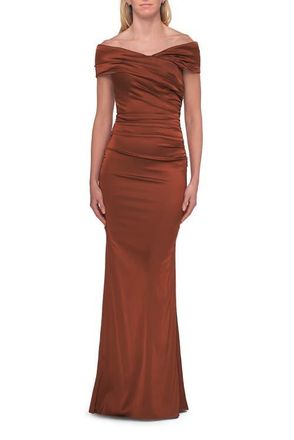 La Femme Off-the-Shoulder Ruched Satin Evening Gown in Copper at Nordstrom, Size 10