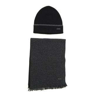 HUGO BOSS Accessoires, Heren, Zwart, ONE Size, Katoen, Sjaal en muts set met franjes