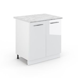 Vicco Armario Bajo Para Fregadero Fame-line, Blanco Alto Brillo, 80 Cm Con Estante, Et M&aacute;rmol Vicco
