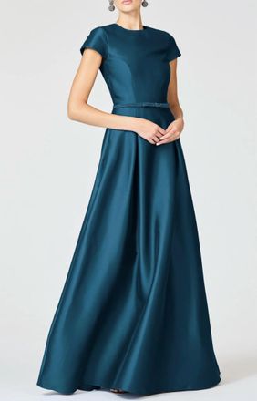 Sachin & Babi Blythe Box Pleat Belt Gown In Bottle Green