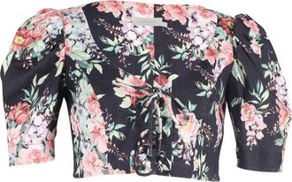 Zimmermann Bellitude Cropped Lace-up Top in Floral Print Linen