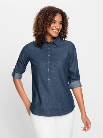 Casual Looks Jeansbluse CASUAL LOOKS, Damen, Gr. 46, blau (blau, stone, washed), 100% Baumwolle, meliert, unifarben, Blusen Jeansbluse