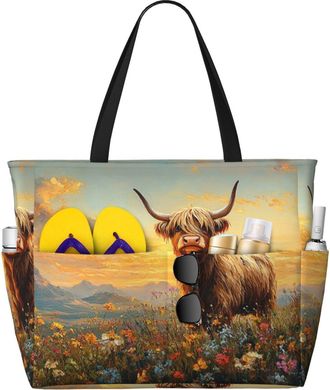Generic Flower Highland Cow Print Large Beach Bag Foldable Travel Shoulder Tote Bag With Pocket For Weekender Pool Vacation