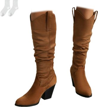 Generic Womens Knee-High Boots, Pull-On Style in Suede-Look Material with Block Heel And Ruched Shaft, Comfortable Tall Boots for Everyday Wear, Autumn And Wi