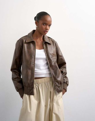 Topshop Giacca in pelle sintetica marrone con zip centrale sul davanti