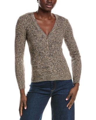 Minnie Rose Cashmere-Blend Rib Marled Henley Cardigan