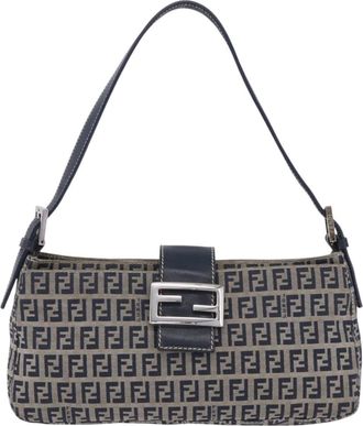 Fendi Baguette Zucca Canvas Navy Canvas Handbag (Pre-Owned)