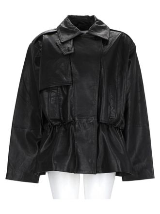 Rotate Black Structured Flap Detail Lambskin Leather Jacket