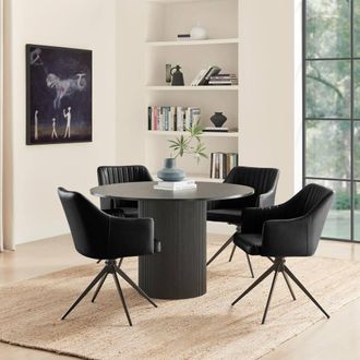 Furniturebox Penrose Black Round Dining Table & 4 Calla Faux Leather Swivel Chairs