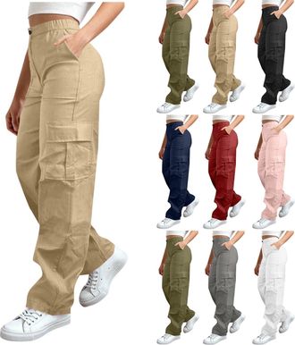 Generic Womens Straight Leg Pants Cargo Trousers Elastic Waist Pants Tracksuit Activewear Women Baggy Wide Leg Casual Work Trousers Elasticated Waist Jogging 