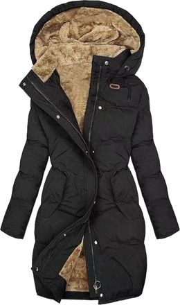 Generic Womens Winter Warm Fleece Lined Long Puffer Jacket Waterproof Thicken Parka Long Coats Outwear With Fur Hood Black Small