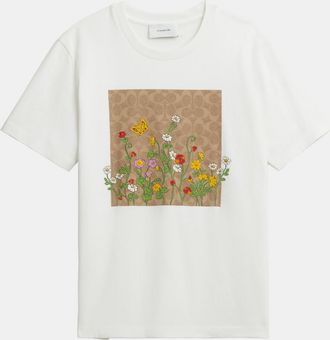 Coach Womens Floral Signature Square Classic T-Shirt In Organic Cotton - White - Size X-Small