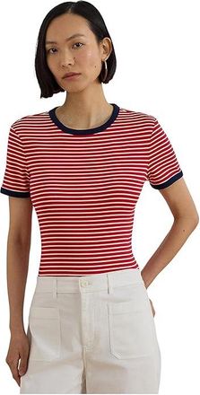 Lauren Ralph Lauren Striped Stretch Cotton T-Shirts Womens Clothing Cruise Red/Mascarpone Cream : LG, Cotton/Elastane