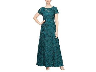 Alex Evenings Long A-Line Rosette Dress with Sequin Detail Womens Dress Emerald Green : 12, Rayon/Polyester/Nylon