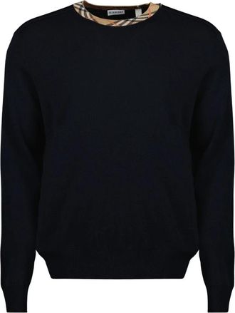 Burberry Check Trim Wool Sweater - Heren - Ronde hals truien - Blauw - M - Katoen - Truien & Vesten