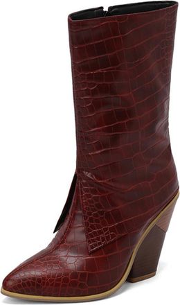 Generic Womens Chunky High Heel Short Boots Pointed Toe Western Cowboy Boot PU Leather Mid-Calf Boots with Zipper,Burgundy,9.5 UK