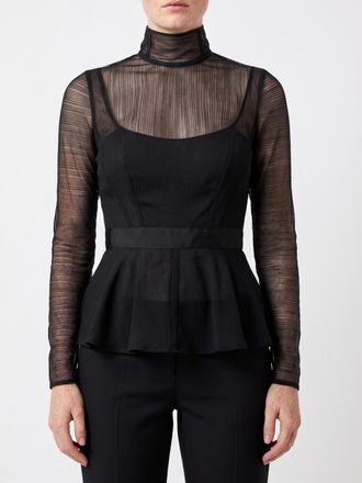 Elisabetta Franchi Top da sera in tulle con collo alto e maniche lunghe