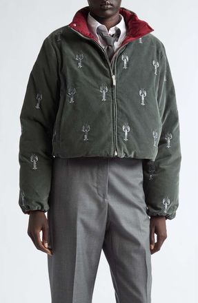 Thom Browne Crop Lobster Stitch Corduroy Reversible Down Jacket in Medium Grey at Nordstrom, Size 36
