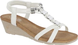 Jo & Joe Ladies Mid Heel Wedge Comfort Sandal with Glitzy Jewels and Elasticated Slingback Strap, Flexible sole sizes 4-8 (White 4, UK Footwear Size System, Ad