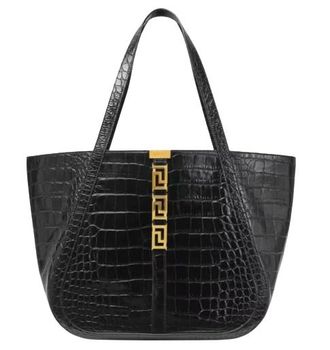 Versace Black Croc Embossed Leather Large Greca Tote Bag