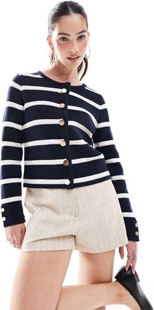French Connection Cardigan pesante blu navy e bianco a righe con bottoni-Multicolore