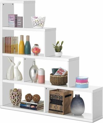 Costway Costway - Wooden 6 Cube Ladder Bookcase 5 Tier L-Shaped Corner Bookshelf Freestanding