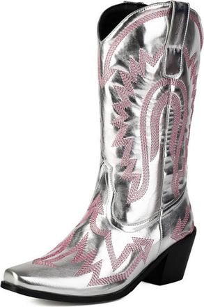 Generic Womens Chunky Heel Mid-Calf Boots Pull on Wide-Calf Boots with Embroidery Stitched Pointed Toe PU Leather Western Cowboy Boot,Silver,10.5 UK