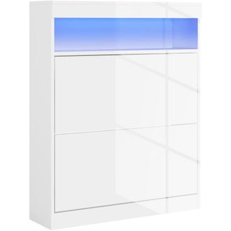 HOMCOM Homcom - Mueble zapatero de recibidor con luces led estante abierto y 2 cajones abatibles para 12-16 pares de zapatos 80x24x99,5 cm blanco brillante