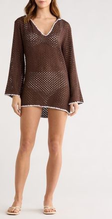 Elan Long Sleeve Sheer Open Stitch Cover-Up Dress in Brown at Nordstrom, Size X-Small