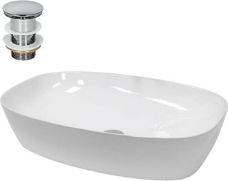 ECD Germany Lavamanos de ceramica ovalado lavabo para aseo con juego de drena