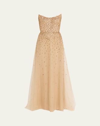 Monique Lhuillier Strapless Crystal Embellished Tulle Gown