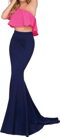 Jovani One Shoulder Two Piece Prom Dress In Fuchsia Navy